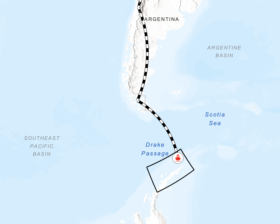 a map of the South Sea around Argentina, with a dotted line traversing from Argentina to the tip of Chile and then rebounding to a tip of Antarctica that juts up near the Drake Passage